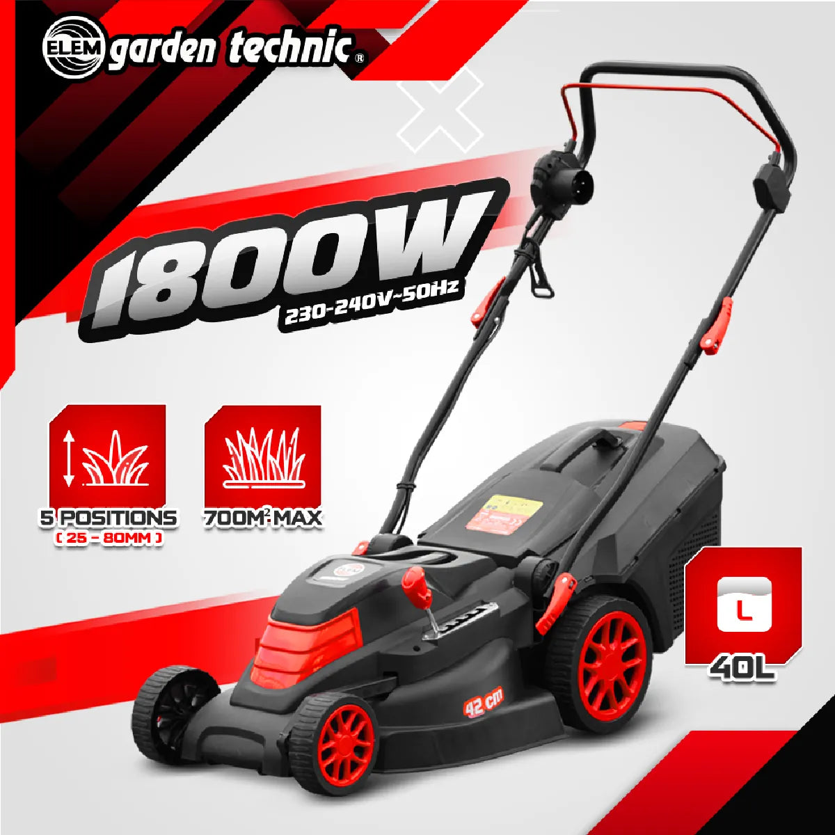 Elem Garden Technic Cortacésped Eléctrico 1800W 420mm 40L - Imagen 2